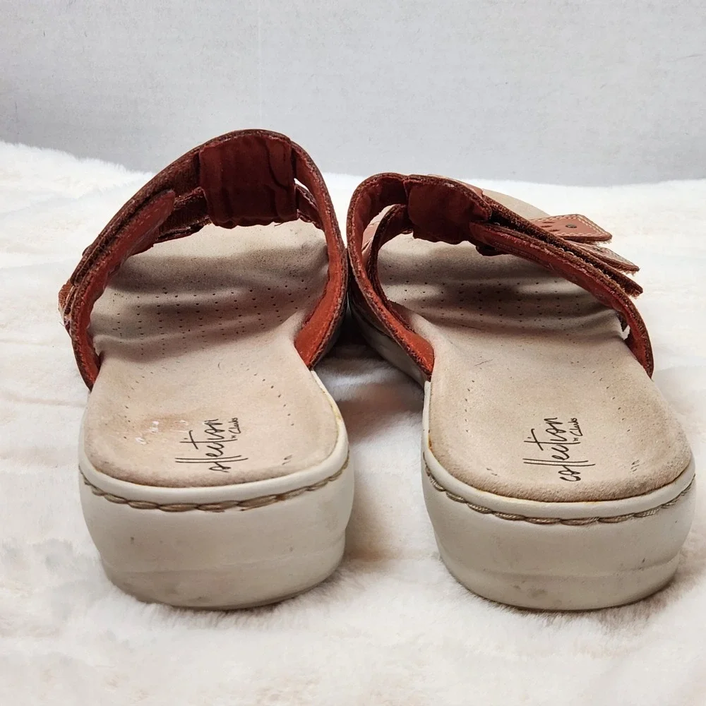 Clarks Collection Leisa Janna Tan Leather Slide Sandals Womens Sz 8 M Adjustable